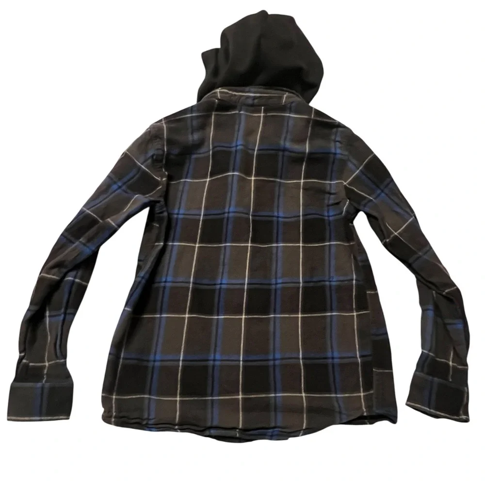 Boys Old Navy Plaid Hooded Flannel Shirt XL Black Blue